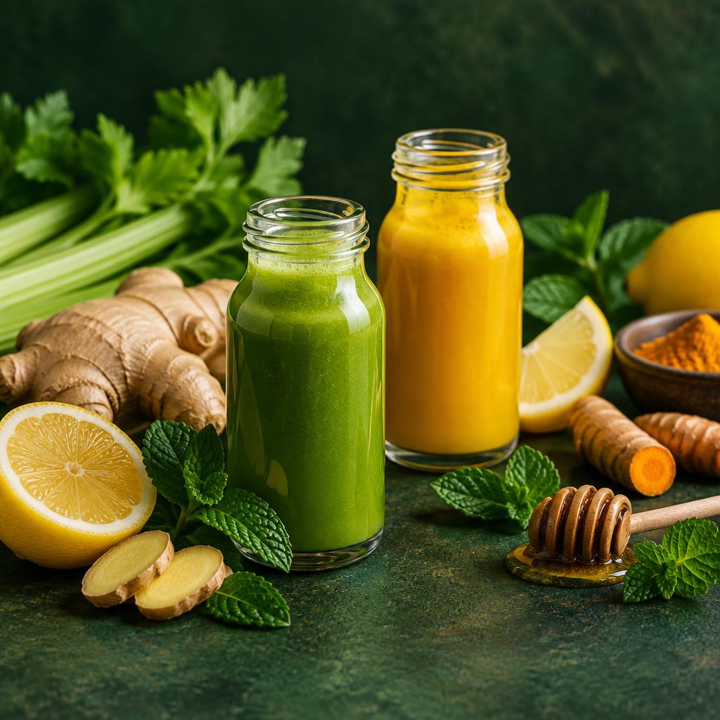 Shots funcionais verdes e dourados com gengibre, limão e hortelã